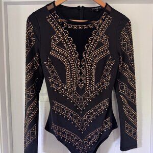 Starlette Black Studded Long Sleeve Bodysuit – Size M, Never Worn